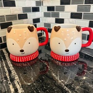 Reindeer Design Ceramic Mugs - Red and Cream (set of 2)